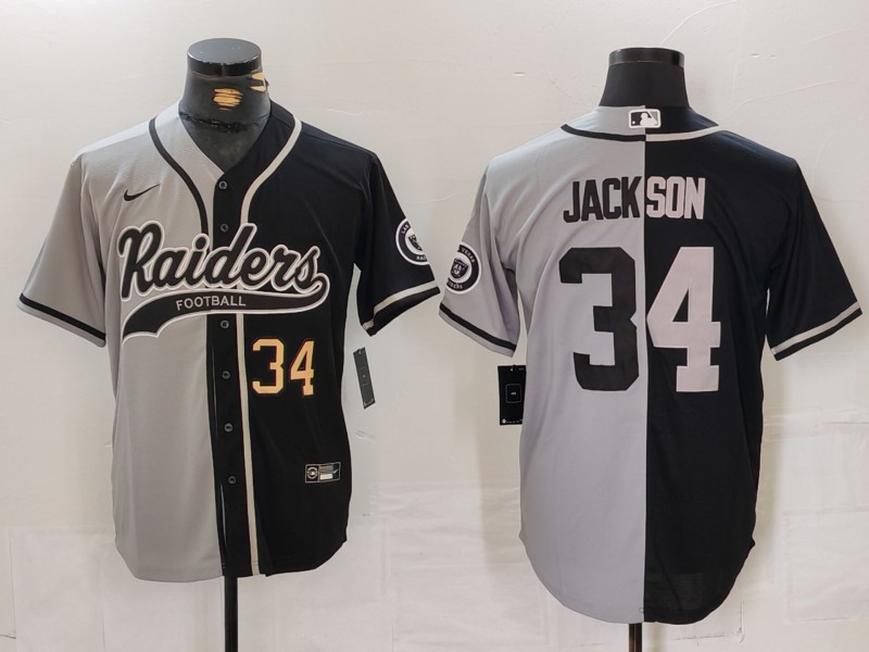 Men's Las Vegas Raiders #34 Bo Jackson Grey Black Split Cool Base Stitched Baseball Jersey 1