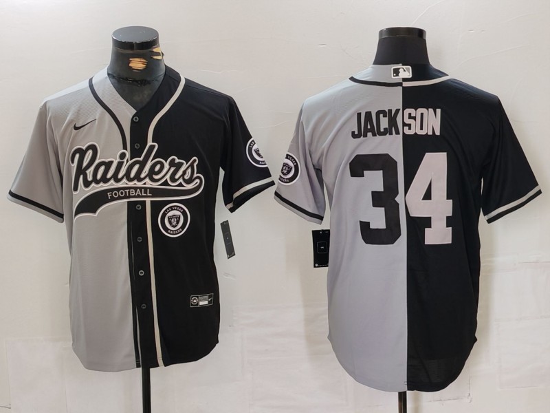 Men's Las Vegas Raiders #34 Bo Jackson Grey Black Split Cool Base Stitched Baseball Jersey 2