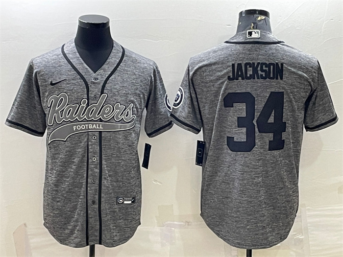Men's Las Vegas Raiders #34 Bo Jackson Grey With Patch Cool Base Stitched Baseball Jersey Men's Las Vegas Raiders #34 Bo Jackson Grey With Patch Cool Base Stitched Baseball Jersey