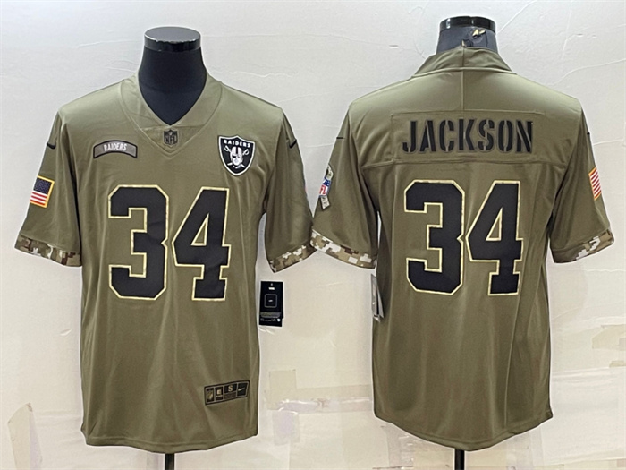Men's Las Vegas Raiders #34 Bo Jackson Olive 2022 Salute To Service Limited Stitched Jersey Men's Las Vegas Raiders #34 Bo Jackson Olive 2022 Salute To Service Limited Stitched Jersey