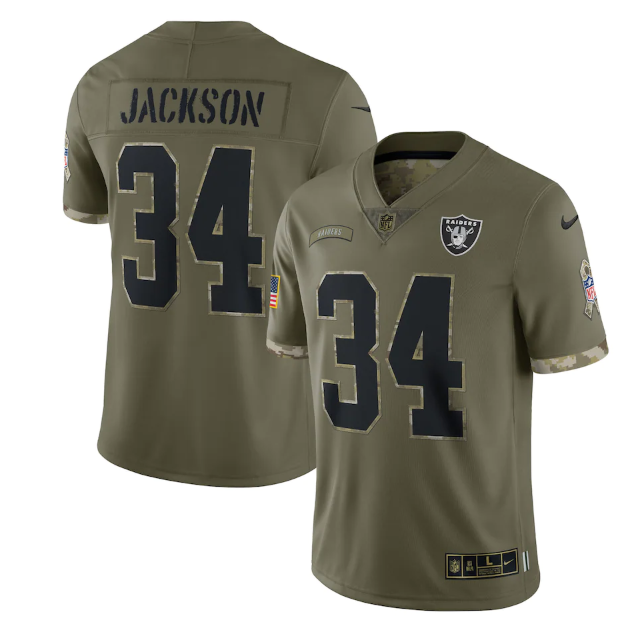 Men's Las Vegas Raiders #34 Bo Jackson Olive 2022 Salute To Service Limited Stitched Jersey Men's Las Vegas Raiders #34 Bo Jackson Olive 2022 Salute To Service Limited Stitched Jersey