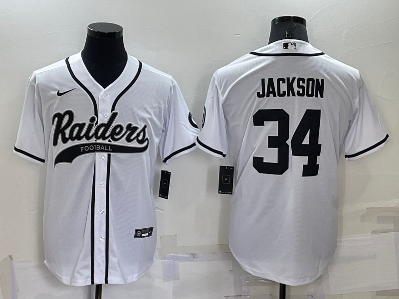 Men's Las Vegas Raiders #34 Bo Jackson White Cool Base Stitched Baseball Jersey Men's Las Vegas Raiders #34 Bo Jackson White Cool Base Stitched Baseball Jersey