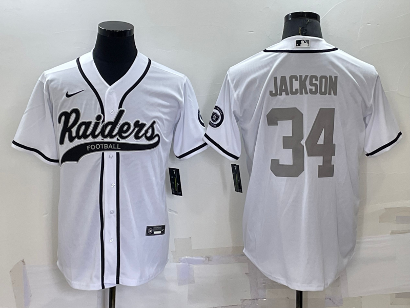 Men's Las Vegas Raiders #34 Bo Jackson White Grey Cool Base Stitched Baseball Jersey Men's Las Vegas Raiders #34 Bo Jackson White Grey Cool Base Stitched Baseball Jersey