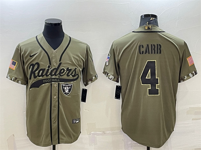 Men's Las Vegas Raiders #4 Derek Carr 2022 Olive Salute To Service Cool Base Stitched Baseball Jersey Men's Las Vegas Raiders #4 Derek Carr 2022 Olive Salute To Service Cool Base Stitched Baseball Jersey