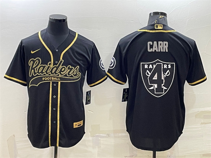 Men's Las Vegas Raiders #4 Derek Carr Black Gold Team Big Logo With Patch Cool Base Stitched Baseball Jersey Men's Las Vegas Raiders #4 Derek Carr Black Gold Team Big Logo With Patch Cool Base Stitched Baseball Jersey