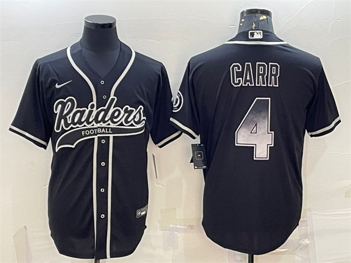 Men's Las Vegas Raiders #4 Derek Carr Black Gold With Patch Cool Base Stitched Baseball Jersey Men's Las Vegas Raiders #4 Derek Carr Black Gold With Patch Cool Base Stitched Baseball Jersey