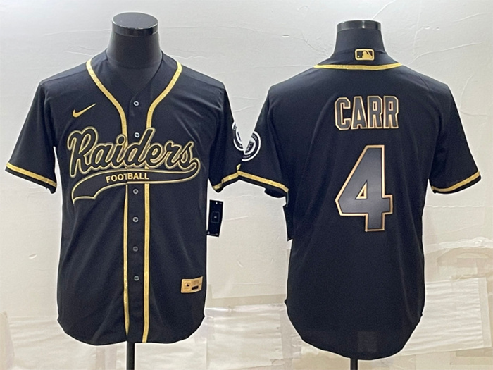Men's Las Vegas Raiders #4 Derek Carr Black Gold With Patch Cool Base Stitched Baseball Jersey Men's Las Vegas Raiders #4 Derek Carr Black Gold With Patch Cool Base Stitched Baseball Jersey