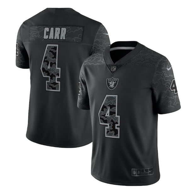 Men's Las Vegas Raiders #4 Derek Carr Black Reflective Limited Stitched Football Jersey Men's Las Vegas Raiders #4 Derek Carr Black Reflective Limited Stitched Football Jersey