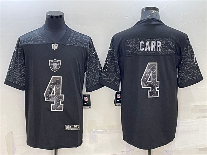 Men's Las Vegas Raiders #4 Derek Carr Black Reflective Limited Stitched Football Jersey Men's Las Vegas Raiders #4 Derek Carr Black Reflective Limited Stitched Football Jersey