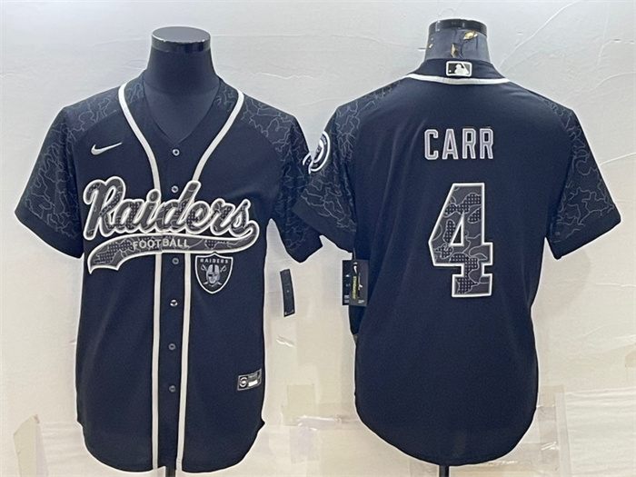 Men's Las Vegas Raiders #4 Derek Carr Black Reflective With Patch Cool Base Stitched Baseball Jersey Men's Las Vegas Raiders #4 Derek Carr Black Reflective With Patch Cool Base Stitched Baseball Jersey