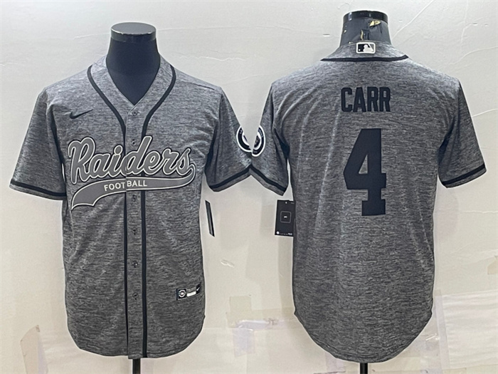 Men's Las Vegas Raiders #4 Derek Carr Grey With Patch Cool Base Stitched Baseball Jersey Men's Las Vegas Raiders #4 Derek Carr Grey With Patch Cool Base Stitched Baseball Jersey