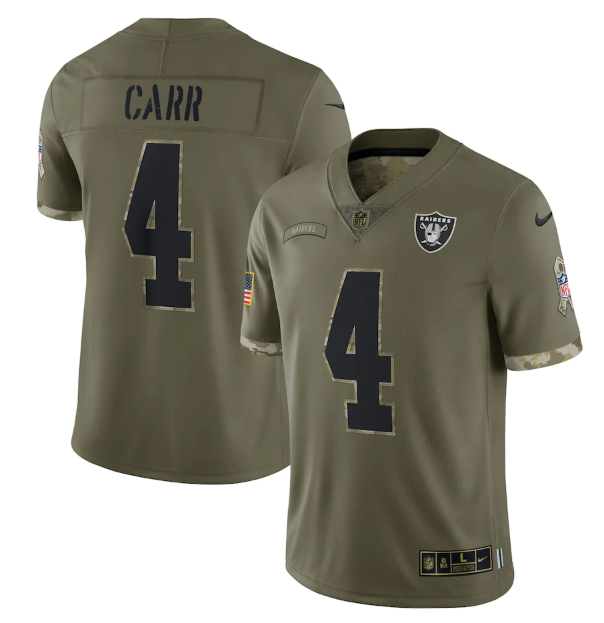 Men's Las Vegas Raiders #4 Derek Carr Olive 2022 Salute To Service Limited Stitched Jersey Men's Las Vegas Raiders #4 Derek Carr Olive 2022 Salute To Service Limited Stitched Jersey