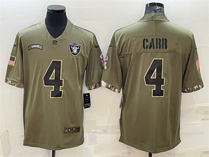 Men's Las Vegas Raiders #4 Derek Carr Olive 2022 Salute To Service Limited Stitched Jersey Men's Las Vegas Raiders #4 Derek Carr Olive 2022 Salute To Service Limited Stitched Jersey