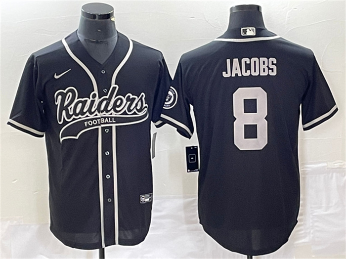 Men's Las Vegas Raiders #8 Josh Jacobs Black Cool Base Stitched Baseball Jersey Men's Las Vegas Raiders #8 Josh Jacobs Black Cool Base Stitched Baseball Jersey