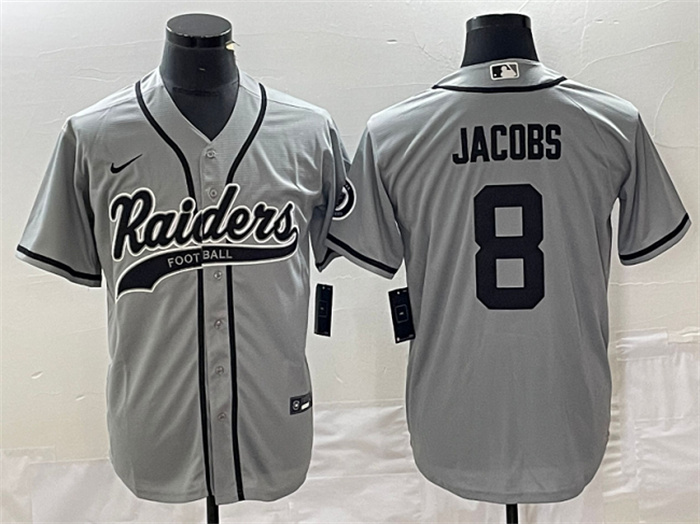 Men's Las Vegas Raiders #8 Josh Jacobs Gray Cool Base Stitched Baseball Jersey Men's Las Vegas Raiders #8 Josh Jacobs Gray Cool Base Stitched Baseball Jersey
