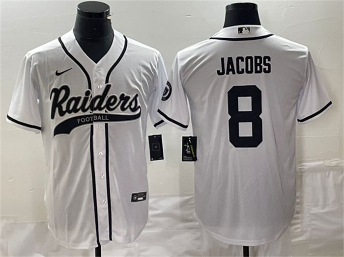 Men's Las Vegas Raiders #8 Josh Jacobs White Cool Base Stitched Baseball Jersey Men's Las Vegas Raiders #8 Josh Jacobs White Cool Base Stitched Baseball Jersey