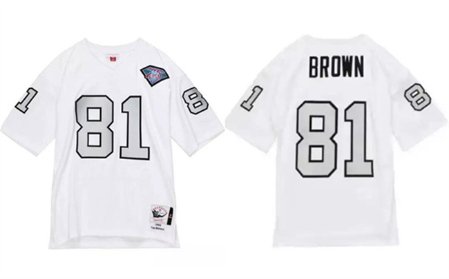 Men's Las Vegas Raiders #81 Tim Brown White 1994 Mitchell Ness Stitched Football Jersey Men's Las Vegas Raiders #81 Tim Brown White 1994 Mitchell Ness Stitched Football Jersey