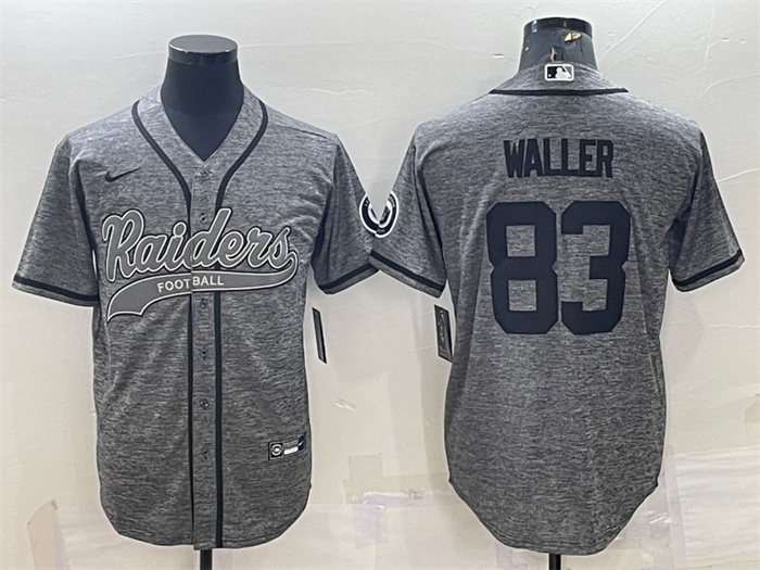 Men's Las Vegas Raiders #83 Darren Waller Grey With Patch Cool Base Stitched Baseball Jersey Men's Las Vegas Raiders #83 Darren Waller Grey With Patch Cool Base Stitched Baseball Jersey