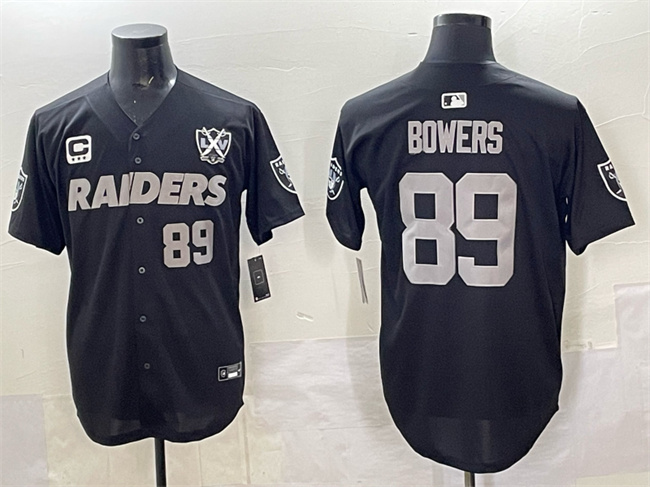 Men's Las Vegas Raiders #89 Brock Bowers Black With Nevada Silver Stat Patch And 65th Anniversary Patch 3-Star C Patch Stitched Baseball Jersey Men's Las Vegas Raiders #89 Brock Bowers Black With Nevada Silver Stat Patch And 65th Anniversary Patch 3-Star C Patch Stitched Baseball Jersey
