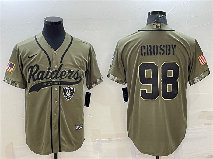 Men's Las Vegas Raiders #98 Maxx Crosby 2022 Olive Salute To Service Cool Base Stitched Baseball Jersey Men's Las Vegas Raiders #98 Maxx Crosby 2022 Olive Salute To Service Cool Base Stitched Baseball Jersey