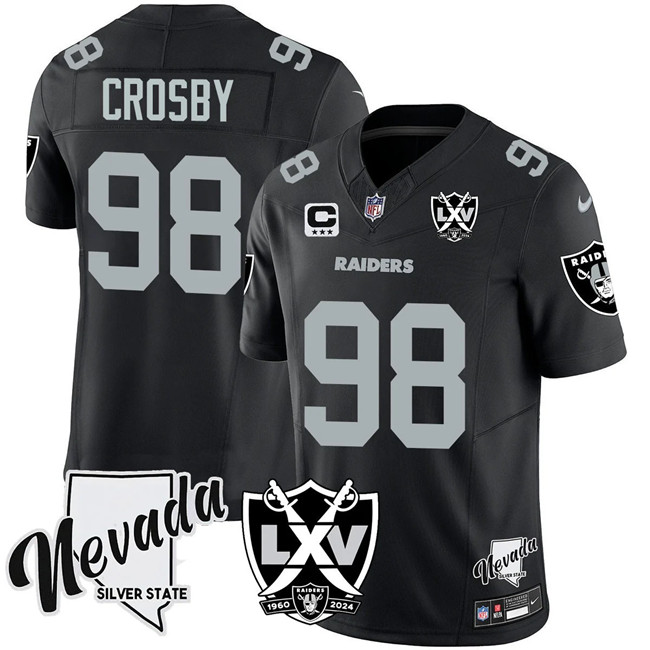 Men's Las Vegas Raiders #98 Maxx Crosby Black 2024 F.U.S.E With Nevada Silver Stat Patch And 65th Anniversary Patch 3-Star C Patch Stitched Football Jersey Men's Las Vegas Raiders #98 Maxx Crosby Black 2024 F.U.S.E With Nevada Silver Stat Patch And 65th Anniversary Patch 3-Star C Patch Stitched Football Jersey