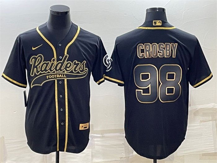Men's Las Vegas Raiders #98 Maxx Crosby Black Gold With Patch Cool Base Stitched Baseball Jersey Men's Las Vegas Raiders #98 Maxx Crosby Black Gold With Patch Cool Base Stitched Baseball Jersey