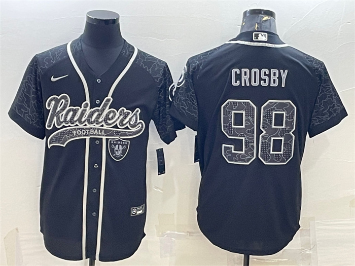 Men's Las Vegas Raiders #98 Maxx Crosby Black Reflective With Patch Cool Base Stitched Baseball Jersey Men's Las Vegas Raiders #98 Maxx Crosby Black Reflective With Patch Cool Base Stitched Baseball Jersey