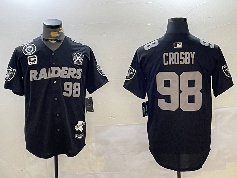 Men's Las Vegas Raiders #98 Maxx Crosby Black With Nevada Silver Stat Patch And 65th Anniversary Patch 3-Star C Patch Stitched Baseball Jersey 3