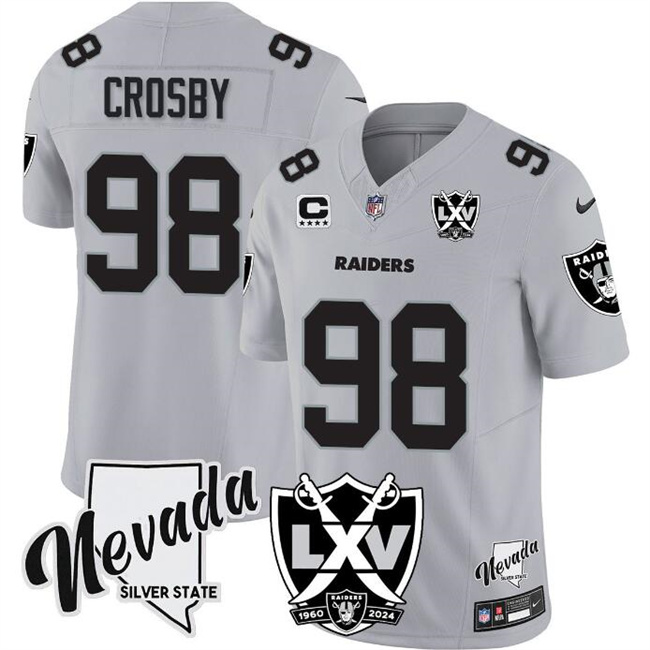 Men's Las Vegas Raiders #98 Maxx Crosby Grey 2024 F.U.S.E With Nevada Silver Stat Patch And 65th Anniversary Patch 4-Star C Patch Stitched Football Jersey Men's Las Vegas Raiders #98 Maxx Crosby Grey 2024 F.U.S.E With Nevada Silver Stat Patch And 65th Anniversary Patch 4-Star C Patch Stitched Football Jersey