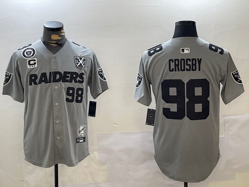 Men's Las Vegas Raiders #98 Maxx Crosby Grey With Nevada Silver Stat Patch And 65th Anniversary Patch 3-Star C Patch Stitched Baseball Jersey 2