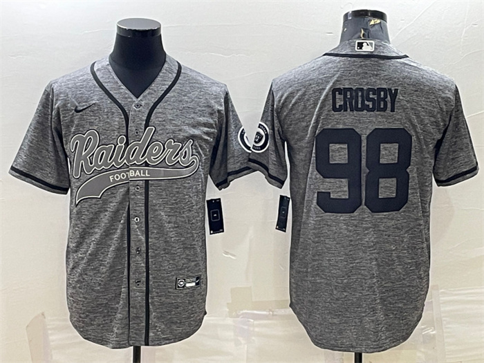 Men's Las Vegas Raiders #98 Maxx Crosby Grey With Patch Cool Base Stitched Baseball Jersey Men's Las Vegas Raiders #98 Maxx Crosby Grey With Patch Cool Base Stitched Baseball Jersey