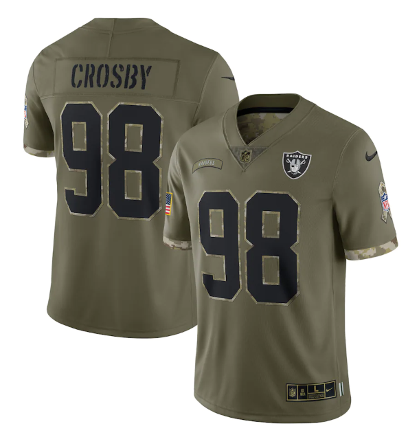 Men's Las Vegas Raiders #98 Maxx Crosby Olive 2022 Salute To Service Limited Stitched Jersey Men's Las Vegas Raiders #98 Maxx Crosby Olive 2022 Salute To Service Limited Stitched Jersey