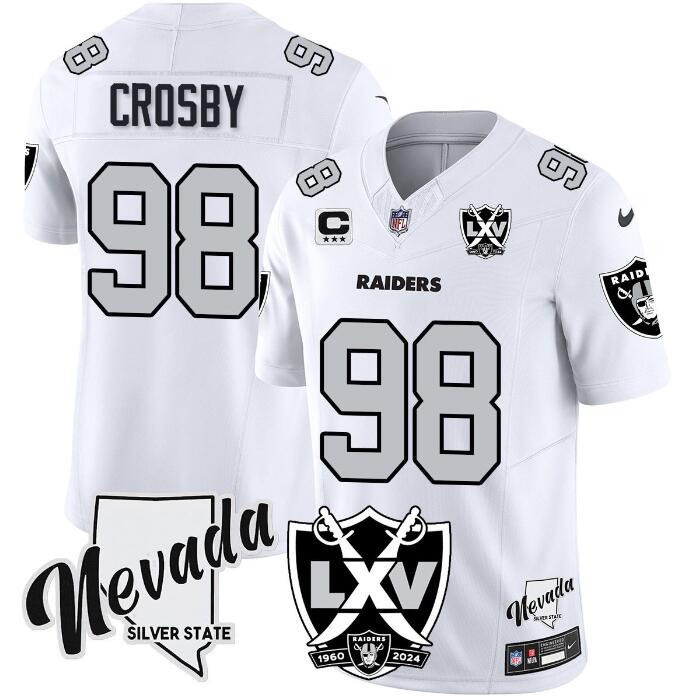 Men's Las Vegas Raiders #98 Maxx Crosby White 2024 F.U.S.E With Nevada Silver Stat Patch And 65th Anniversary Patch 3-Star C Patch Stitched Football Jersey Men's Las Vegas Raiders #98 Maxx Crosby White 2024 F.U.S.E With Nevada Silver Stat Patch And 65th Anniversary Patch 3-Star C Patch Stitched Football Jersey