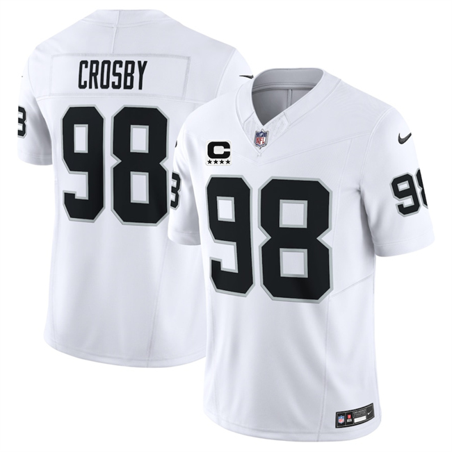 Men's Las Vegas Raiders #98 Maxx Crosby White 2025 F.U.S.E. With 4-Star C Patch Vapor Untouchable Limited Stitched Football Jersey Men's Las Vegas Raiders #98 Maxx Crosby White 2025 F.U.S.E. With 4-Star C Patch Vapor Untouchable Limited Stitched Football Jersey