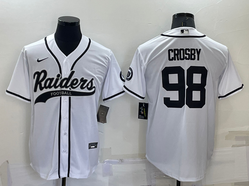Men's Las Vegas Raiders #98 Maxx Crosby White Cool Base Stitched Baseball Jersey Men's Las Vegas Raiders #98 Maxx Crosby White Cool Base Stitched Baseball Jersey