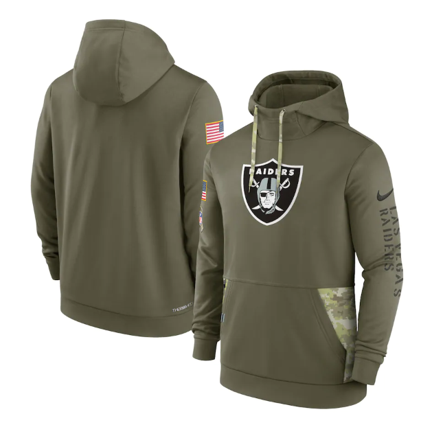 Men's Las Vegas Raiders 2022 Olive Salute To Service Therma Performance Pullover Hoodie Men's Las Vegas Raiders 2022 Olive Salute To Service Therma Performance Pullover Hoodie