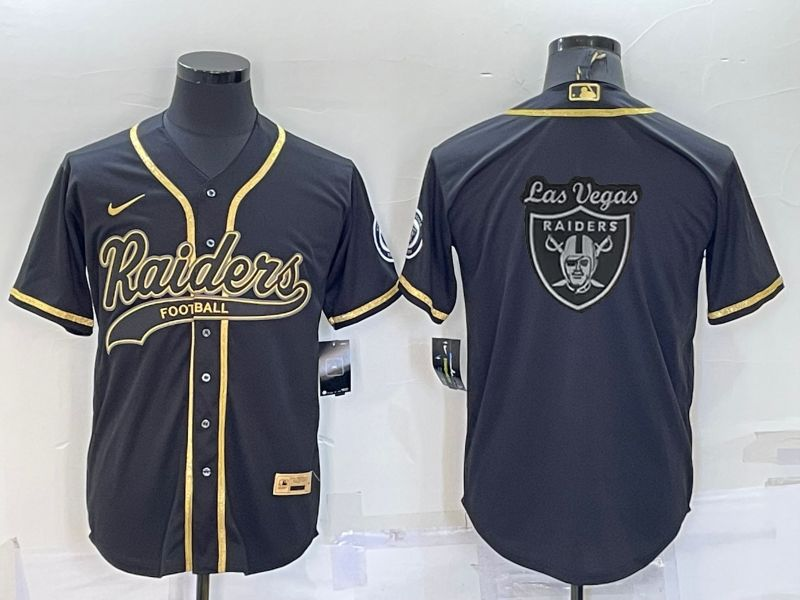 Men's Las Vegas Raiders Black Gold Team Big Logo With Patch Cool Base Stitched Baseball Jersey Men's Las Vegas Raiders Black Gold Team Big Logo With Patch Cool Base Stitched Baseball Jersey