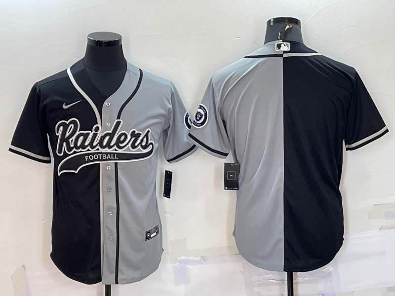 Men's Las Vegas Raiders Blank Black Grey Split With Patch Cool Base Stitched Baseball Jersey Men's Las Vegas Raiders Blank Black Grey Split With Patch Cool Base Stitched Baseball Jersey