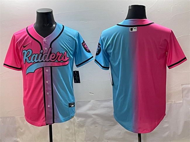 Men's Las Vegas Raiders Blank Pink Blue Limited Stitched Baseball Jersey Men's Las Vegas Raiders Blank Pink Blue Limited Stitched Baseball Jersey