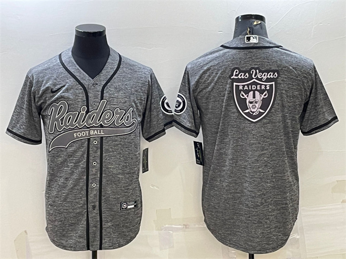 Men's Las Vegas Raiders Grey Team Big Logo With Patch Cool Base Stitched Baseball Jersey Men's Las Vegas Raiders Grey Team Big Logo With Patch Cool Base Stitched Baseball Jersey