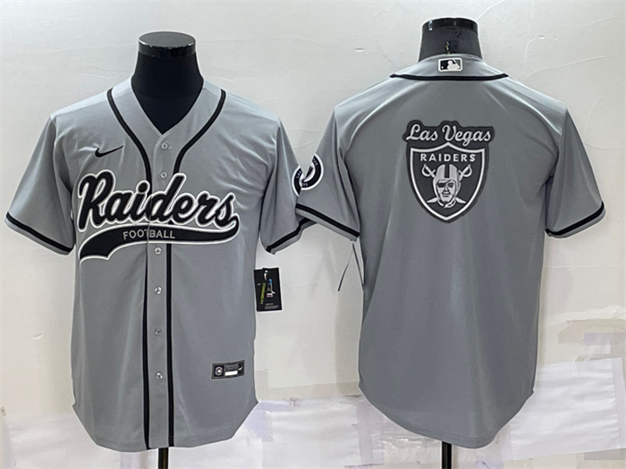 Men's Las Vegas Raiders Grey Team Big Logo With Patch Cool Base Stitched Baseball Jersey Men's Las Vegas Raiders Grey Team Big Logo With Patch Cool Base Stitched Baseball Jersey