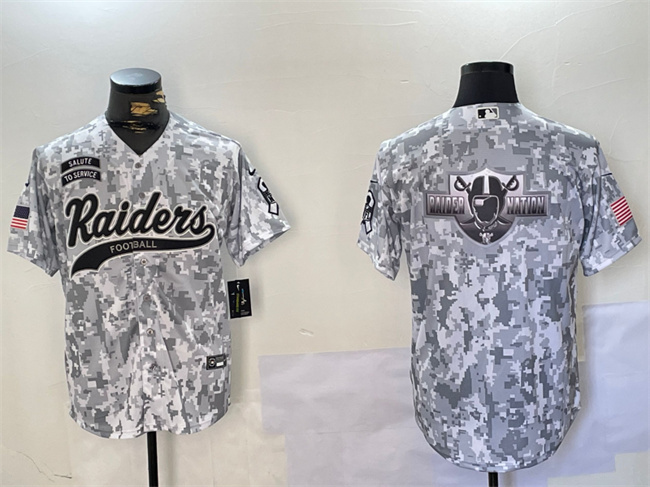 Men's Las Vegas Raiders Team Big Logo 2024 Arctic Camo Salute To Service Stitched Baseball Jersey 1