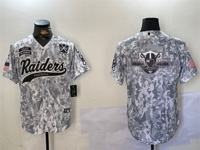 Men's Las Vegas Raiders Team Big Logo 2024 Arctic Camo Salute To Service With 65th Anniversary Patch Stitched Baseball Jersey 1 Men's Las Vegas Raiders Team Big Logo 2024 Arctic Camo Salute To Service With 65th Anniversary Patch Stitched Baseball Jersey 1
