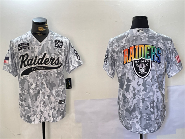 Men's Las Vegas Raiders Team Big Logo 2024 Arctic Camo Salute To Service With 65th Anniversary Patch Stitched Baseball Jersey 2 Men's Las Vegas Raiders Team Big Logo 2024 Arctic Camo Salute To Service With 65th Anniversary Patch Stitched Baseball Jersey 2