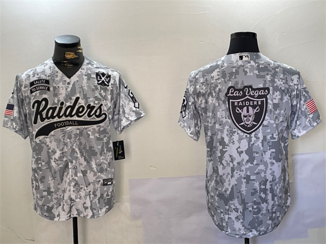 Men's Las Vegas Raiders Team Big Logo 2024 Arctic Camo Salute To Service With 65th Anniversary Patch Stitched Baseball Jersey Men's Las Vegas Raiders Team Big Logo 2024 Arctic Camo Salute To Service With 65th Anniversary Patch Stitched Baseball Jersey