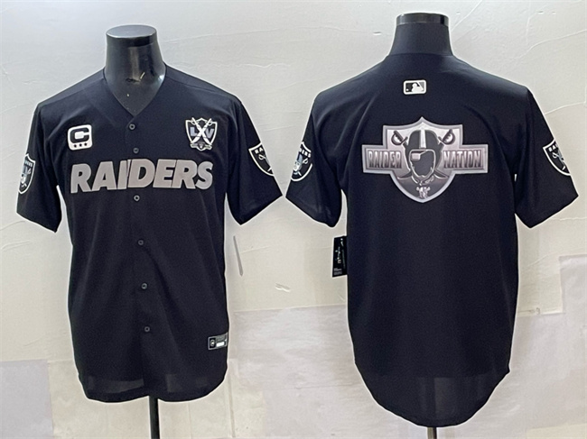 Men's Las Vegas Raiders Team Big Logo Black With Nevada Silver Stat Patch And 65th Anniversary Patch 3-Star C Patch Stitched Baseball Jersey Men's Las Vegas Raiders Team Big Logo Black With Nevada Silver Stat Patch And 65th Anniversary Patch 3-Star C Patch Stitched Baseball Jersey