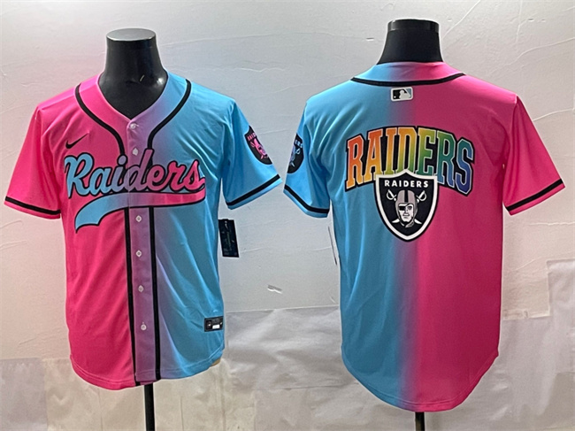 Men's Las Vegas Raiders Team Big Logo Pink Blue Limited Stitched Baseball Jersey Men's Las Vegas Raiders Team Big Logo Pink Blue Limited Stitched Baseball Jersey