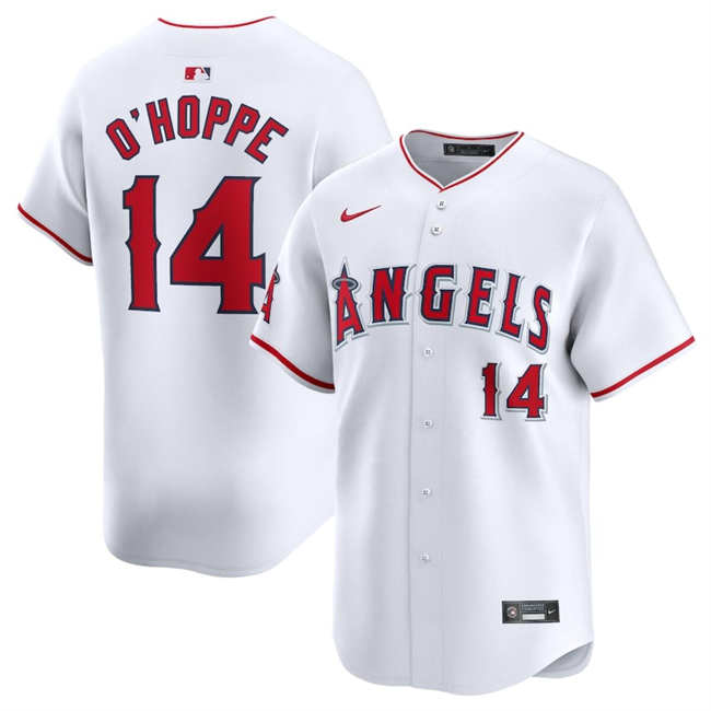 Men's Los Angeles Angels #14 Logan O'Hoppe White Home Limited Stitched Baseball Jersey Men's Los Angeles Angels #14 Logan O'Hoppe White Home Limited Stitched Baseball Jersey