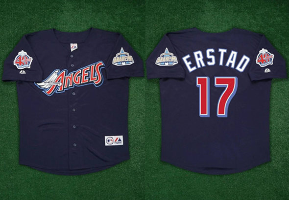 Men's Los Angeles Angels #17 Darin Erstad Navy 2000 With 40th Patch Stitched Baseball Jersey Men's Los Angeles Angels #17 Darin Erstad Navy 2000 With 40th Patch Stitched Baseball Jersey