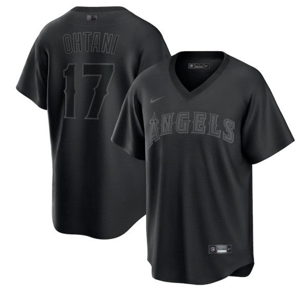 Men's Los Angeles Angels #17 Shohei Ohtani Black Pitch Black Fashion Replica Stitched Jersey Men's Los Angeles Angels #17 Shohei Ohtani Black Pitch Black Fashion Replica Stitched Jersey
